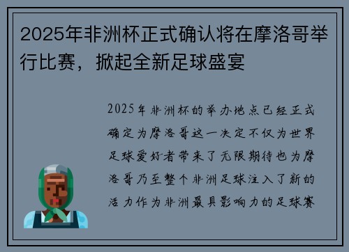 2025年非洲杯正式确认将在摩洛哥举行比赛，掀起全新足球盛宴