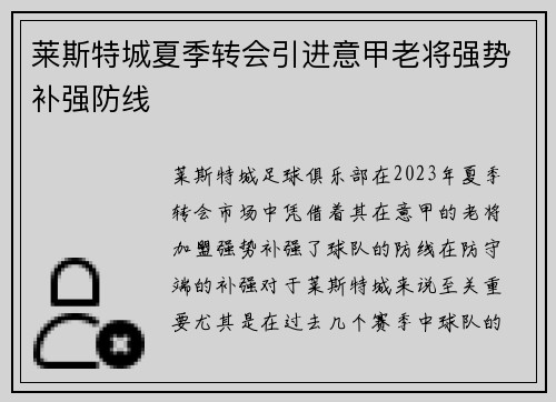 莱斯特城夏季转会引进意甲老将强势补强防线